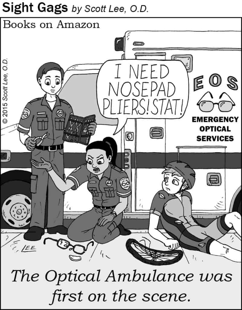 Comic cartoon of ambulance for broken glasses