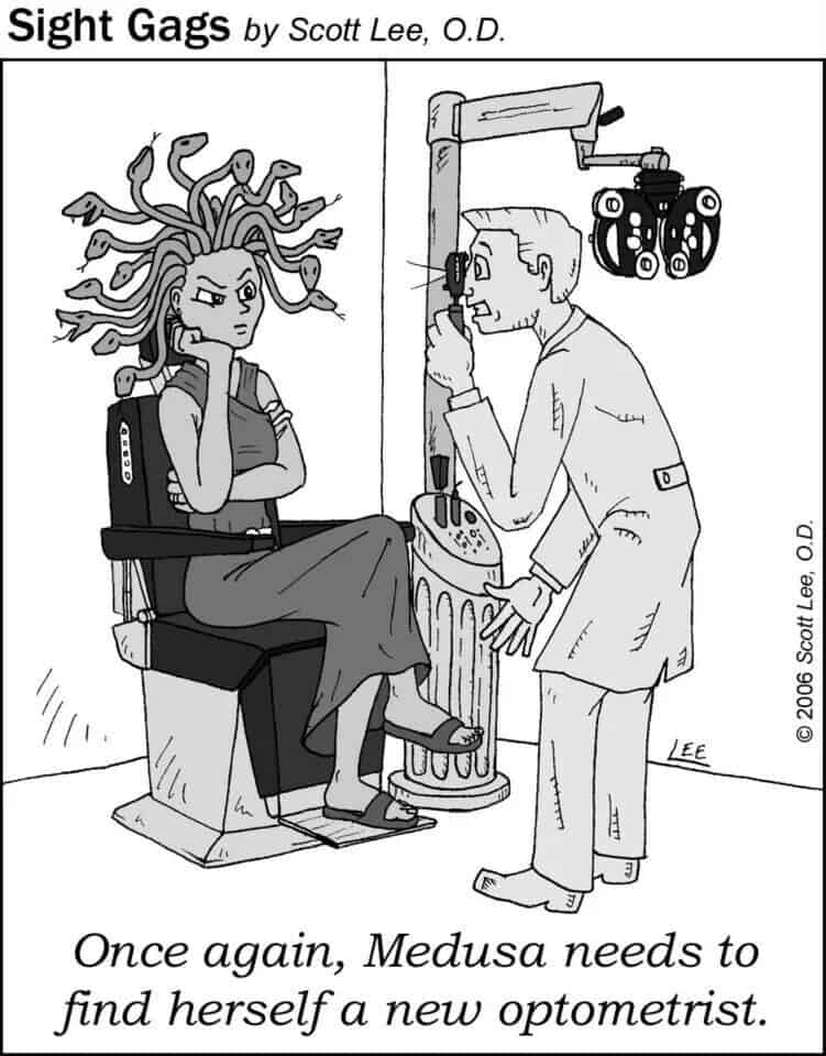 Comic about Medusa needing a new eye doctor